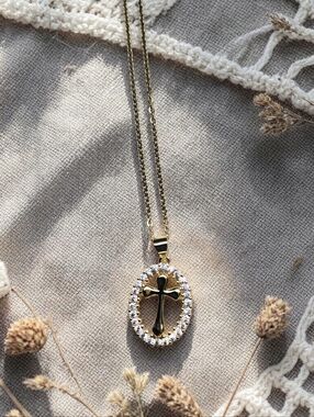 Gold Cross Oval Pendant Necklace with Crystal Accent